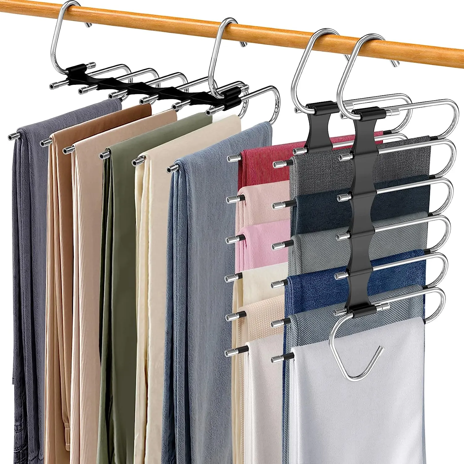 5-in-1 Pants Storage Hangers neatly organizing clothes in a tidy closet, evoking a simplified home lifestyle